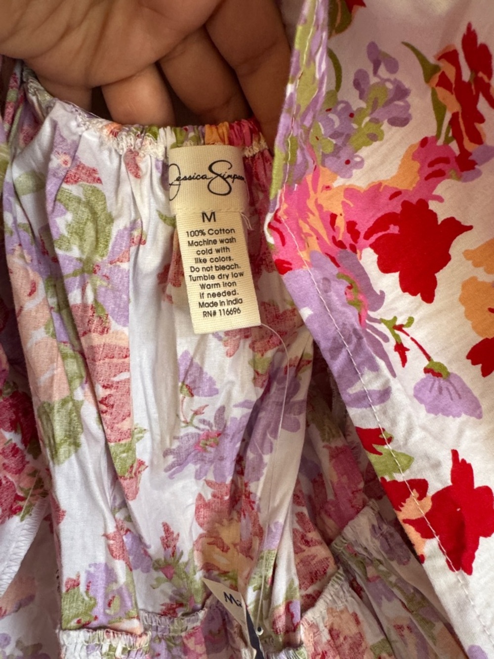 Jessica Simpson Floral Puff-Sleeve Tie-Back Dress in White with Pink & Red - Picture 5 of 9